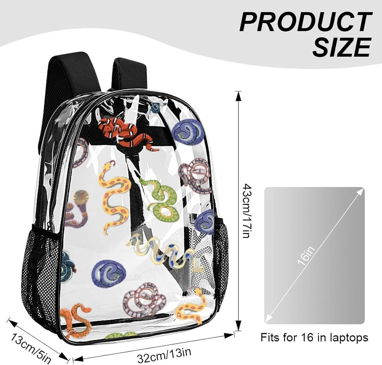 Clear Backpack Heavy Duty Snake Animal Summer 16 Inch for Stadium Events Concert Travel Work Sport Hiking Waterproof Sturdy Transparent Bag for Men Women