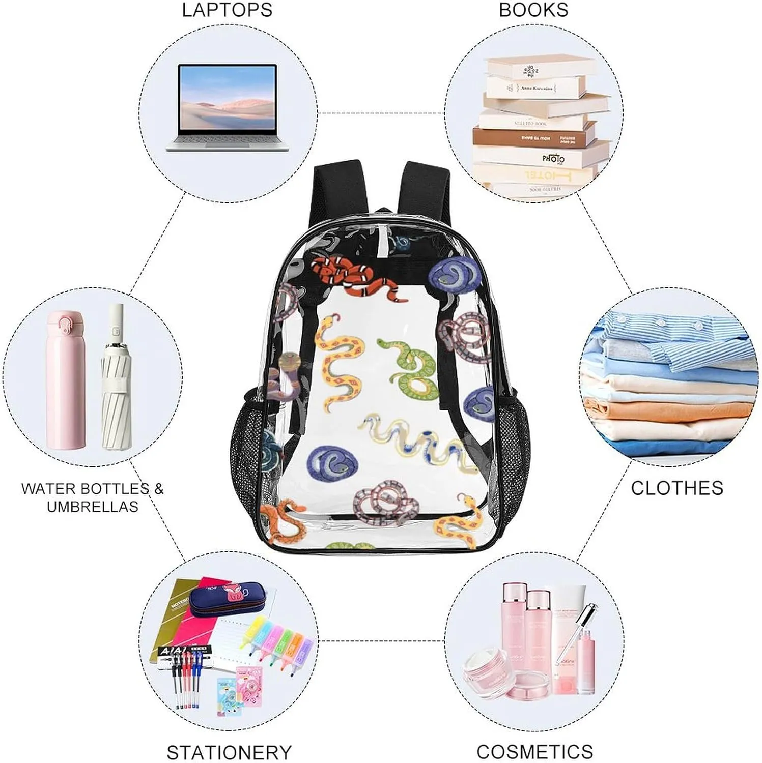 Clear Backpack Heavy Duty Snake Animal Summer 16 Inch for Stadium Events Concert Travel Work Sport Hiking Waterproof Sturdy Transparent Bag for Men Women