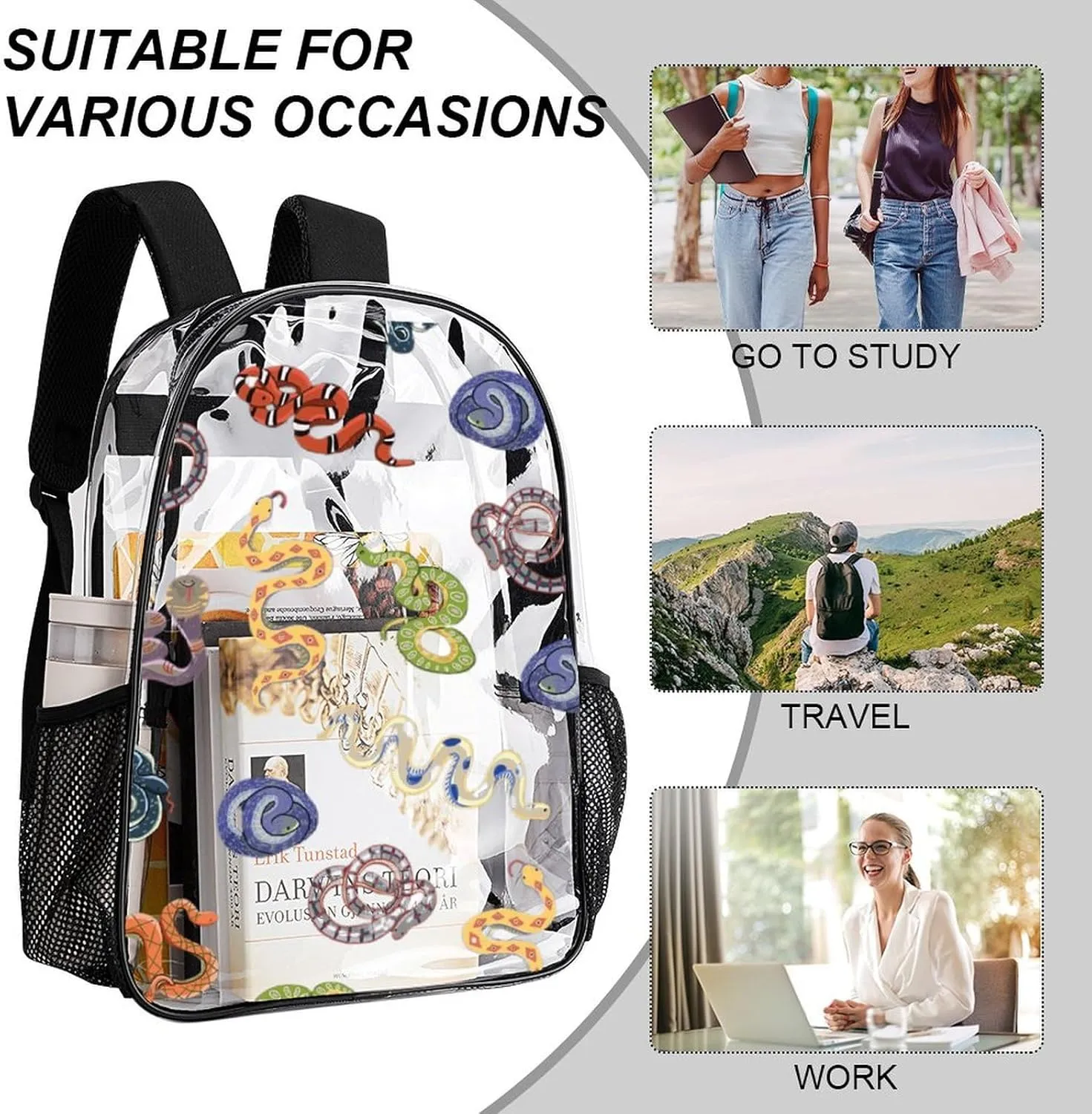 Clear Backpack Heavy Duty Snake Animal Summer 16 Inch for Stadium Events Concert Travel Work Sport Hiking Waterproof Sturdy Transparent Bag for Men Women