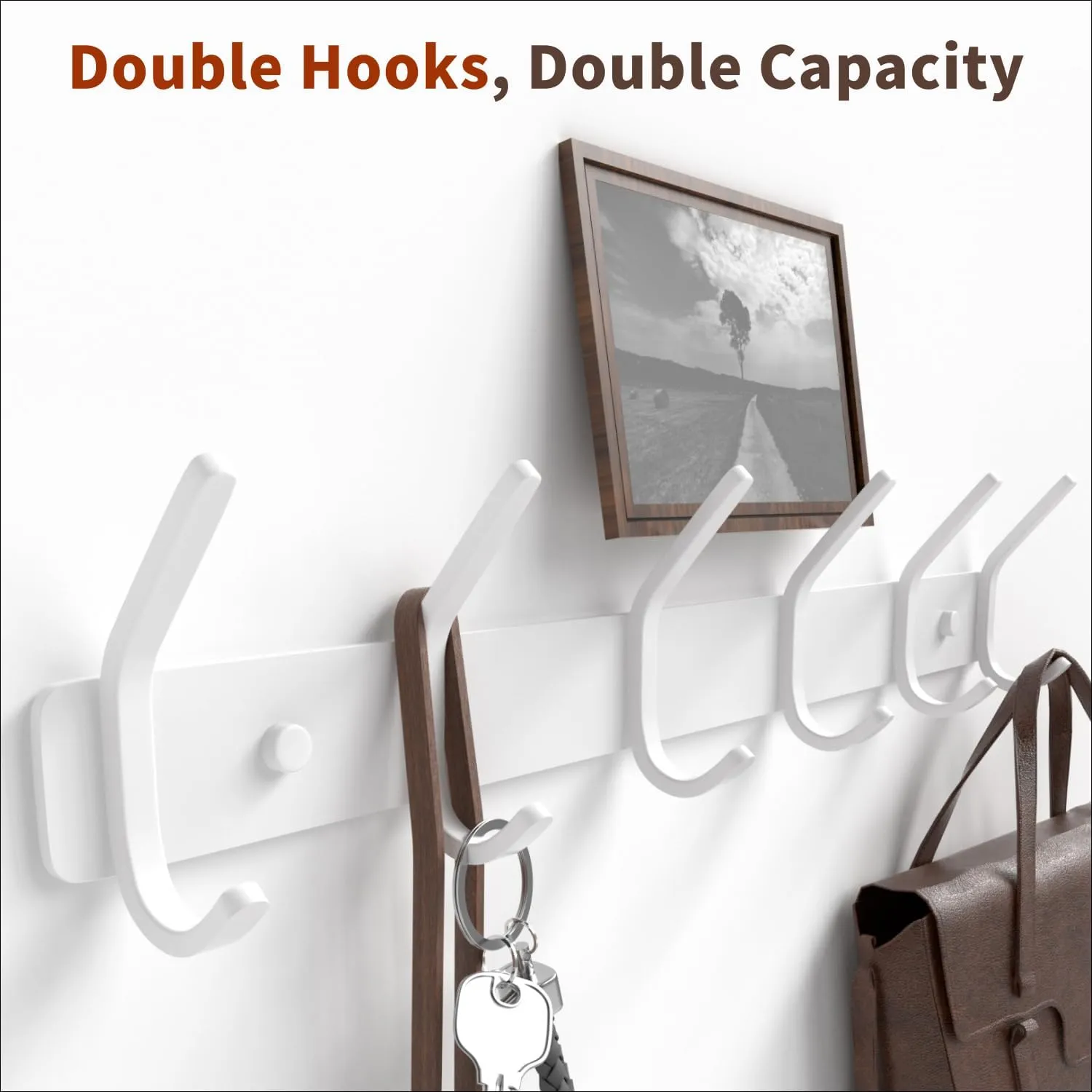 Coat Rack Wall Mount Hooks - 15 Inch Matte White Metal 6-Hook Organizer Wall Mounted, Modern Kids Room, Entryway & Bathroom Hanger for Beach Towels, Coats, Purses, Bags (2 Pack)