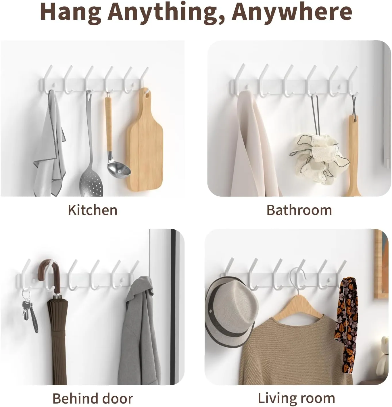 Coat Rack Wall Mount Hooks - 15 Inch Matte White Metal 6-Hook Organizer Wall Mounted, Modern Kids Room, Entryway & Bathroom Hanger for Beach Towels, Coats, Purses, Bags (2 Pack)