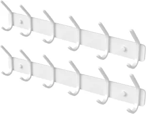 Coat Rack Wall Mount Hooks - 15 Inch Matte White Metal 6-Hook Organizer Wall Mounted, Modern Kids Room, Entryway & Bathroom Hanger for Beach Towels, Coats, Purses, Bags (2 Pack)