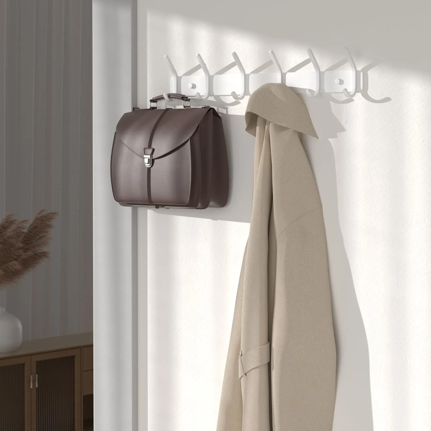 Coat Rack Wall Mount Hooks - 15 Inch Matte White Metal 6-Hook Organizer Wall Mounted, Modern Kids Room, Entryway & Bathroom Hanger for Beach Towels, Coats, Purses, Bags (2 Pack)