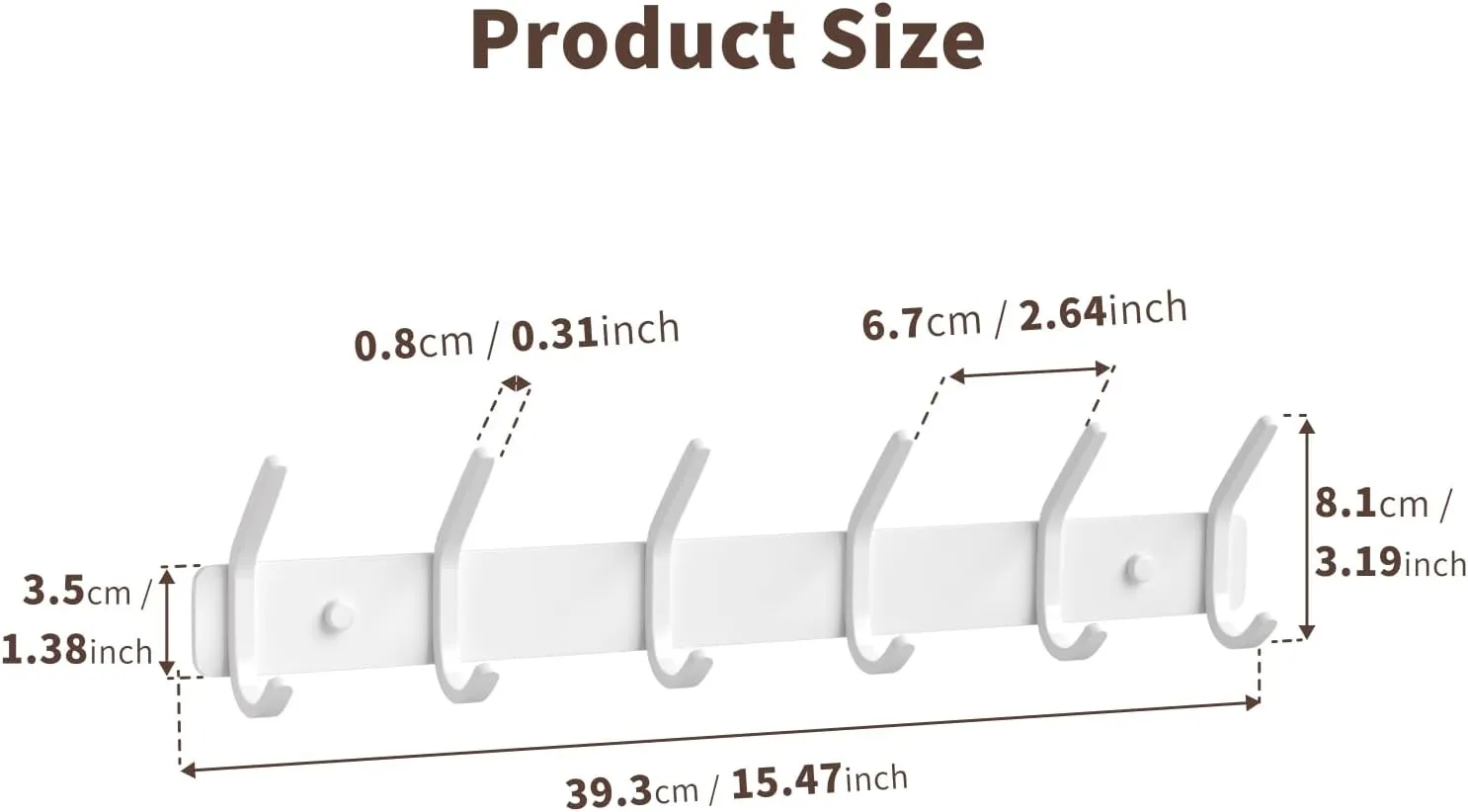 Coat Rack Wall Mount Hooks - 15 Inch Matte White Metal 6-Hook Organizer Wall Mounted, Modern Kids Room, Entryway & Bathroom Hanger for Beach Towels, Coats, Purses, Bags (2 Pack)