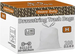 Code H Drawstring Trash Bags Compatible with simplehuman Code H | 200 Count total | 8-9 Gallon / 30-35 Liter | 1.2 Mil Thinkness | White Garbage Can Liners | Heavy Duty Plastic Trash Bags