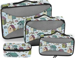 Colorful Birds and Starling Houses Tree Branches Blue Sky 4 PCs Set Packing Bags, Luggage Organizer Bag, Portable Cube Toiletry bag, Durable Travel Cosmetic Storage Bag for Men Women