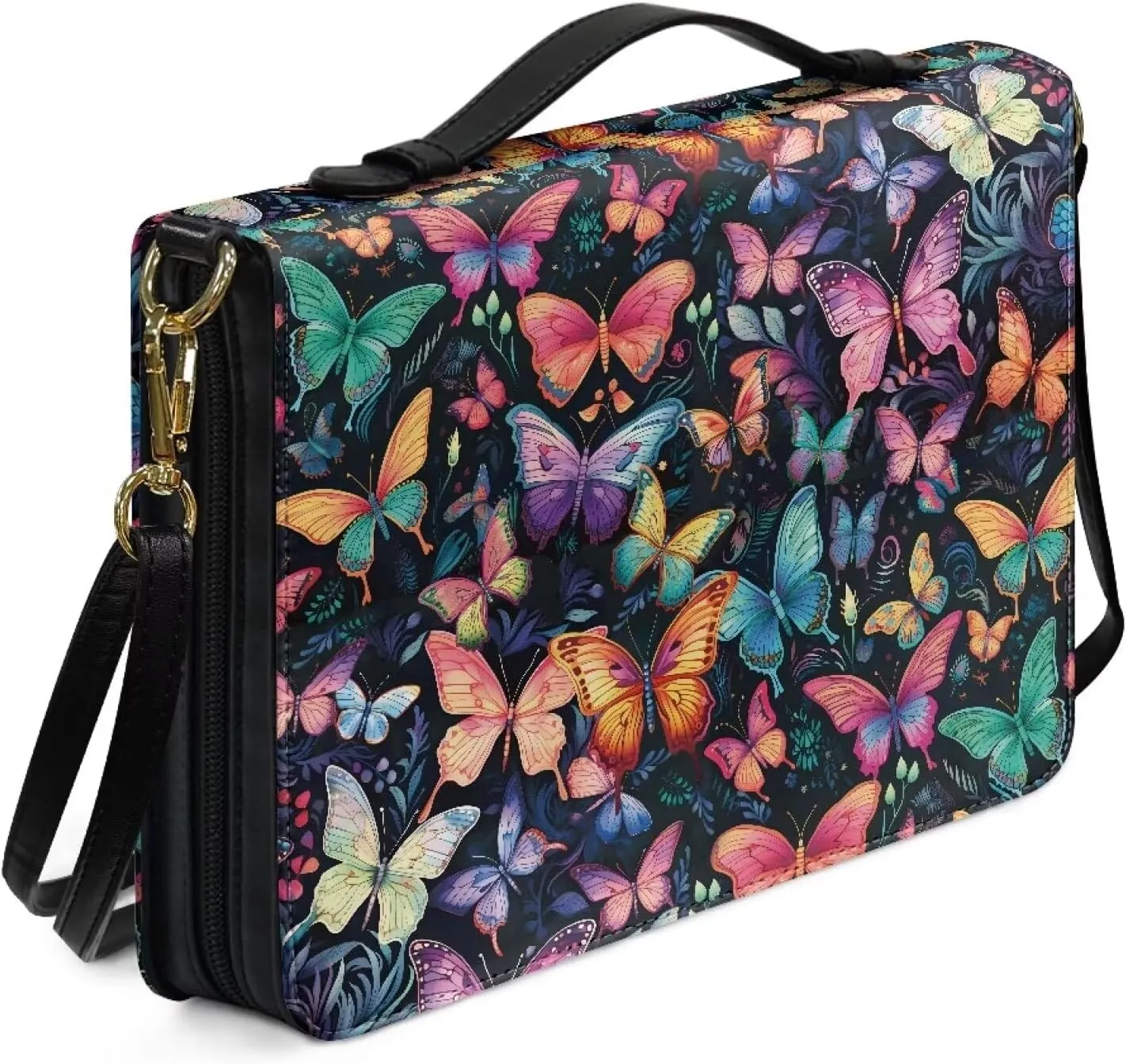 Colorful Butterflies Bible Cover Case for Women Men Multi-Functional Stationery Zipper Pencil Notebooks Case Pencil Bags Church Pu Leather Bible Accessories