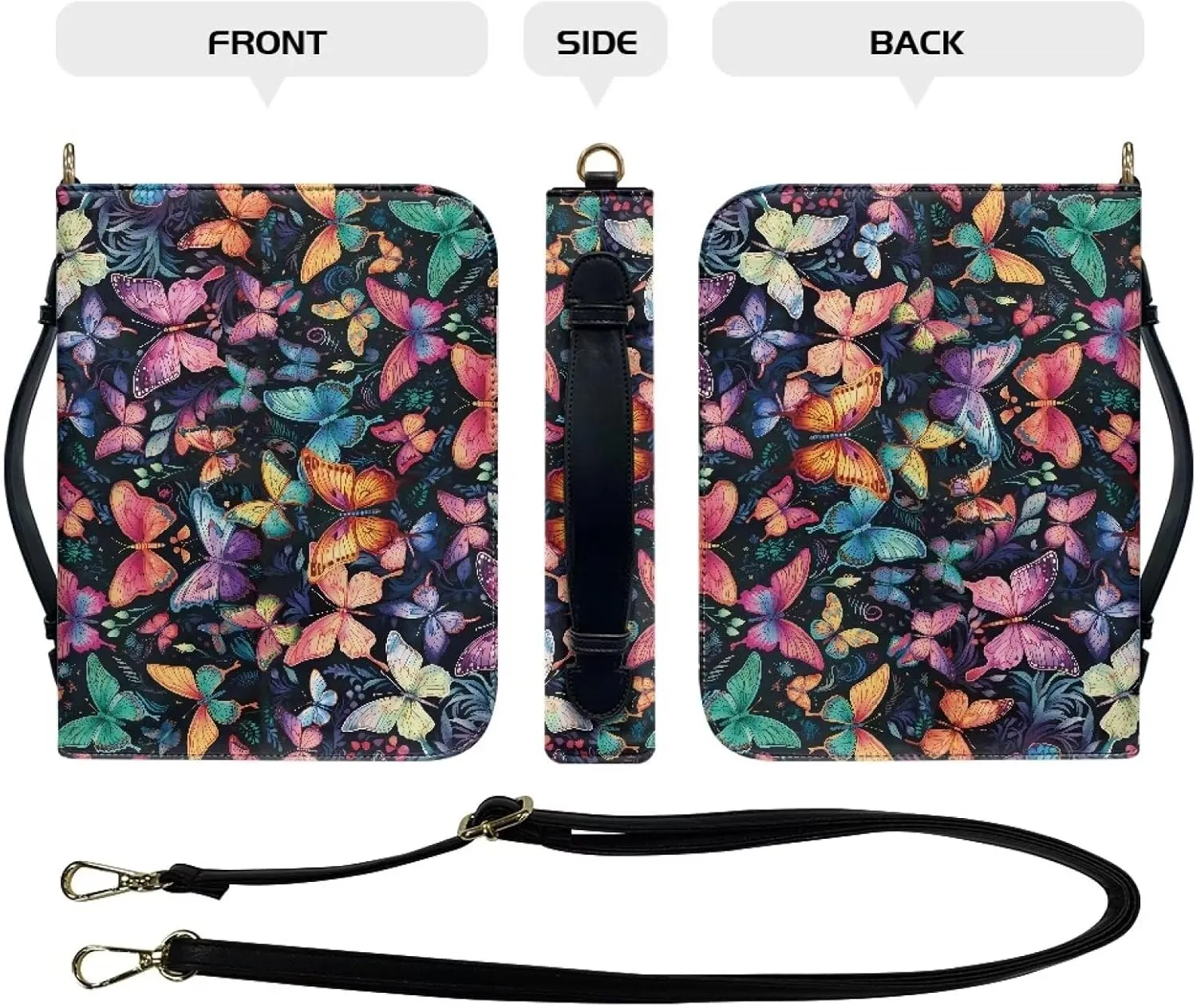 Colorful Butterflies Bible Cover Case for Women Men Multi-Functional Stationery Zipper Pencil Notebooks Case Pencil Bags Church Pu Leather Bible Accessories