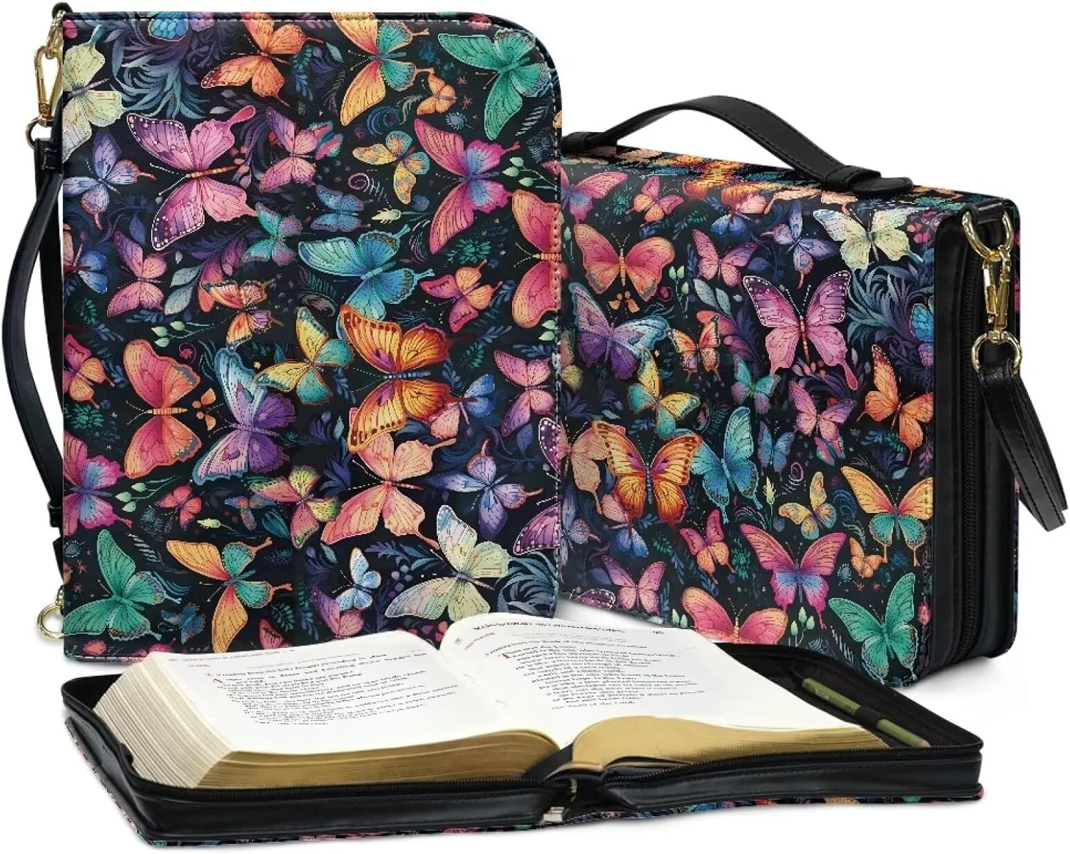 Colorful Butterflies Bible Cover Case for Women Men Multi-Functional Stationery Zipper Pencil Notebooks Case Pencil Bags Church Pu Leather Bible Accessories