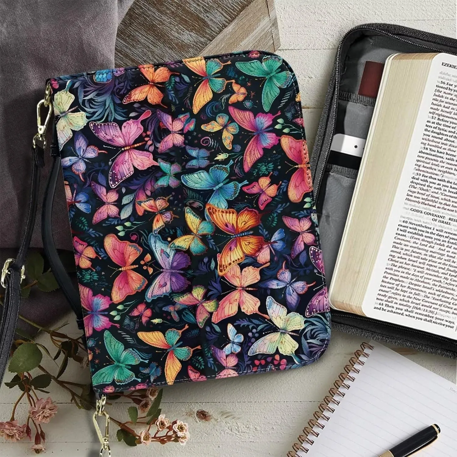 Colorful Butterflies Bible Cover Case for Women Men Multi-Functional Stationery Zipper Pencil Notebooks Case Pencil Bags Church Pu Leather Bible Accessories