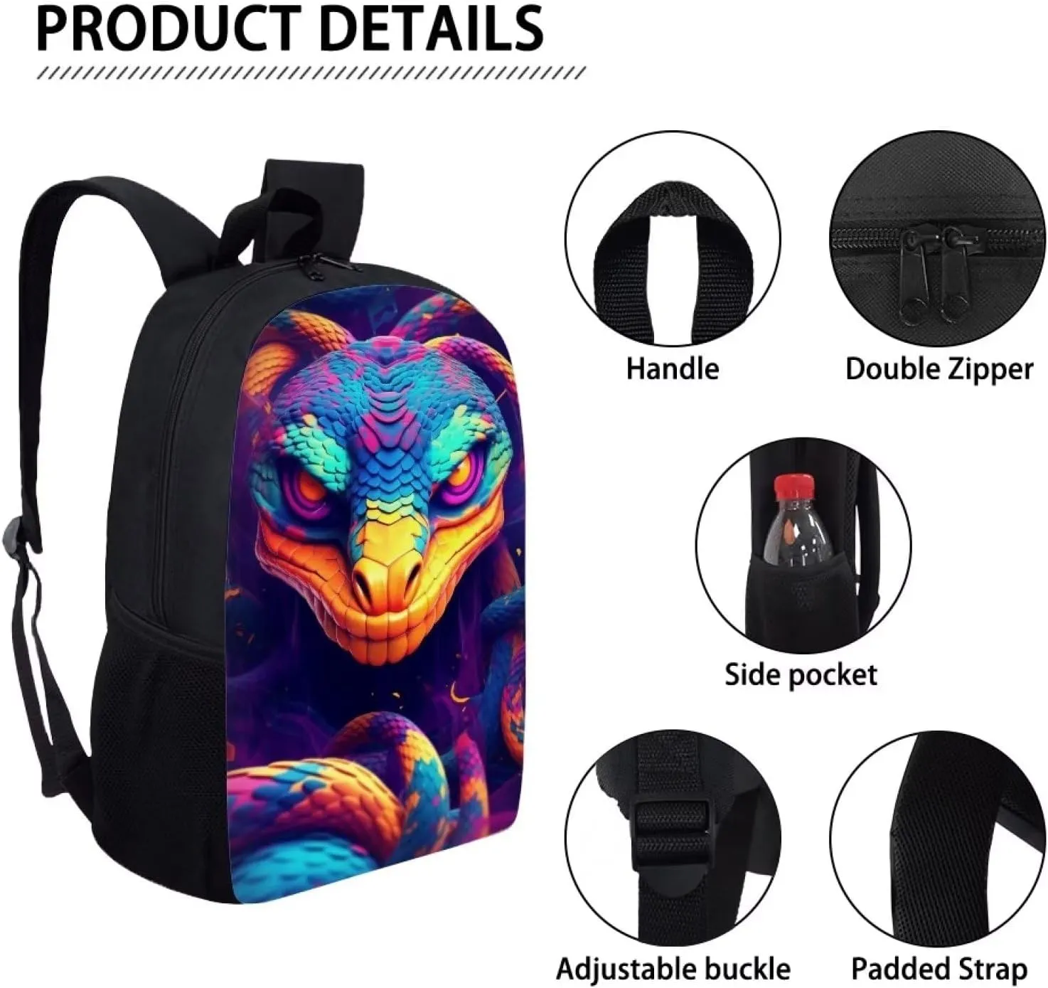 Colorful Cool Snake School Laptop Backpack Teens Girls Boys Kids School Bags Bookbag Magical Animal Water Resistant College Travel Daypack for Men Women