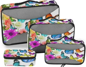 Colorful Nature Beautiful Flowers and Butterflies on White 4 PCs Set Packing Bags, Luggage Organizer Bag, Portable Cube Toiletry bag, Durable Travel Cosmetic Storage Bag for Men Women