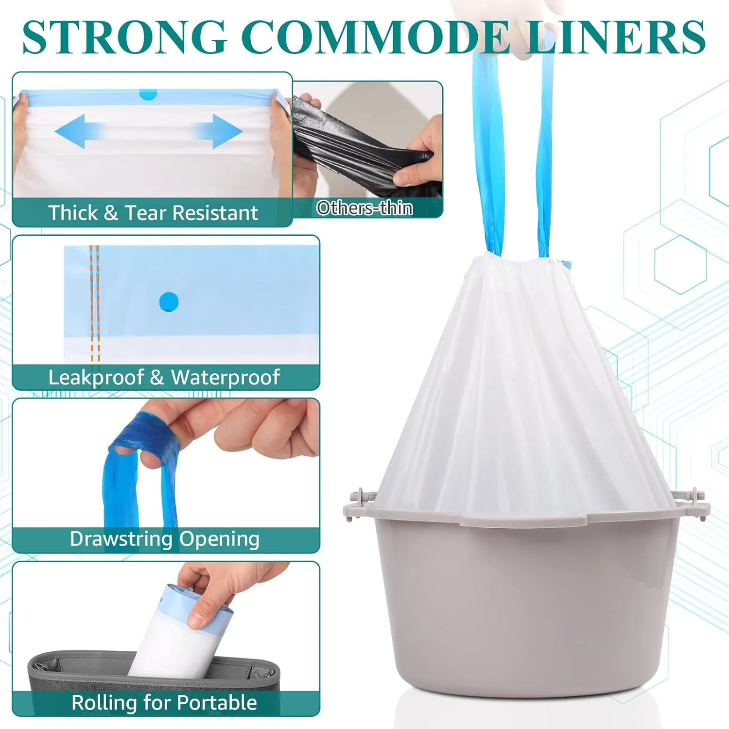 Commode Liners with Absorbent Pads for Bedside Commode, 50 Commode Bags 50 Commode Pads, Portable Toilet Bags Leak-Proof Disposable Potty Bags for Bedside Commode Bucket