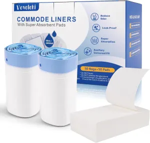 Commode Liners with Absorbent Pads for Bedside Commode, 50 Commode Bags 50 Commode Pads, Portable Toilet Bags Leak-Proof Disposable Potty Bags for Bedside Commode Bucket