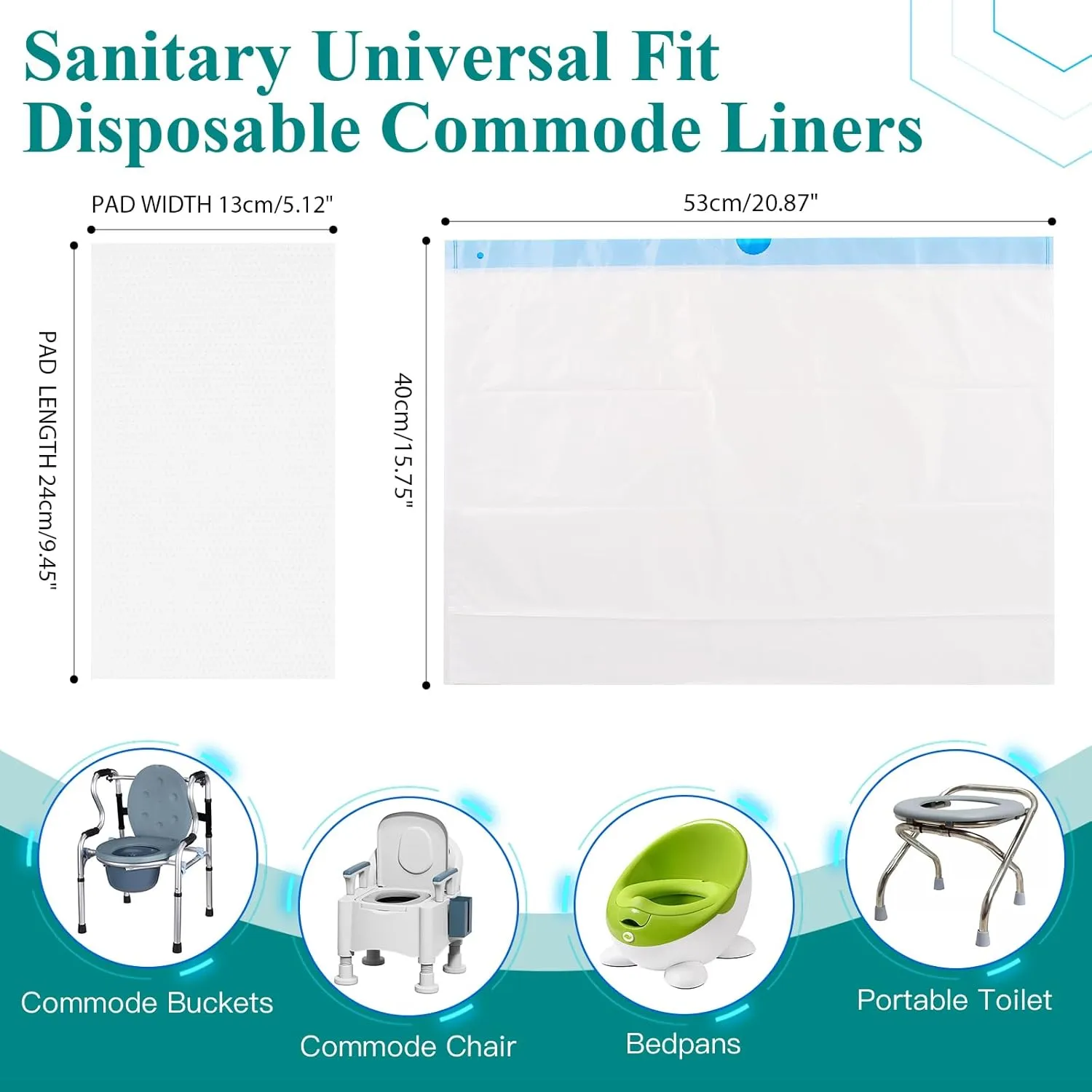 Commode Liners with Absorbent Pads for Bedside Commode, 50 Commode Bags 50 Commode Pads, Portable Toilet Bags Leak-Proof Disposable Potty Bags for Bedside Commode Bucket