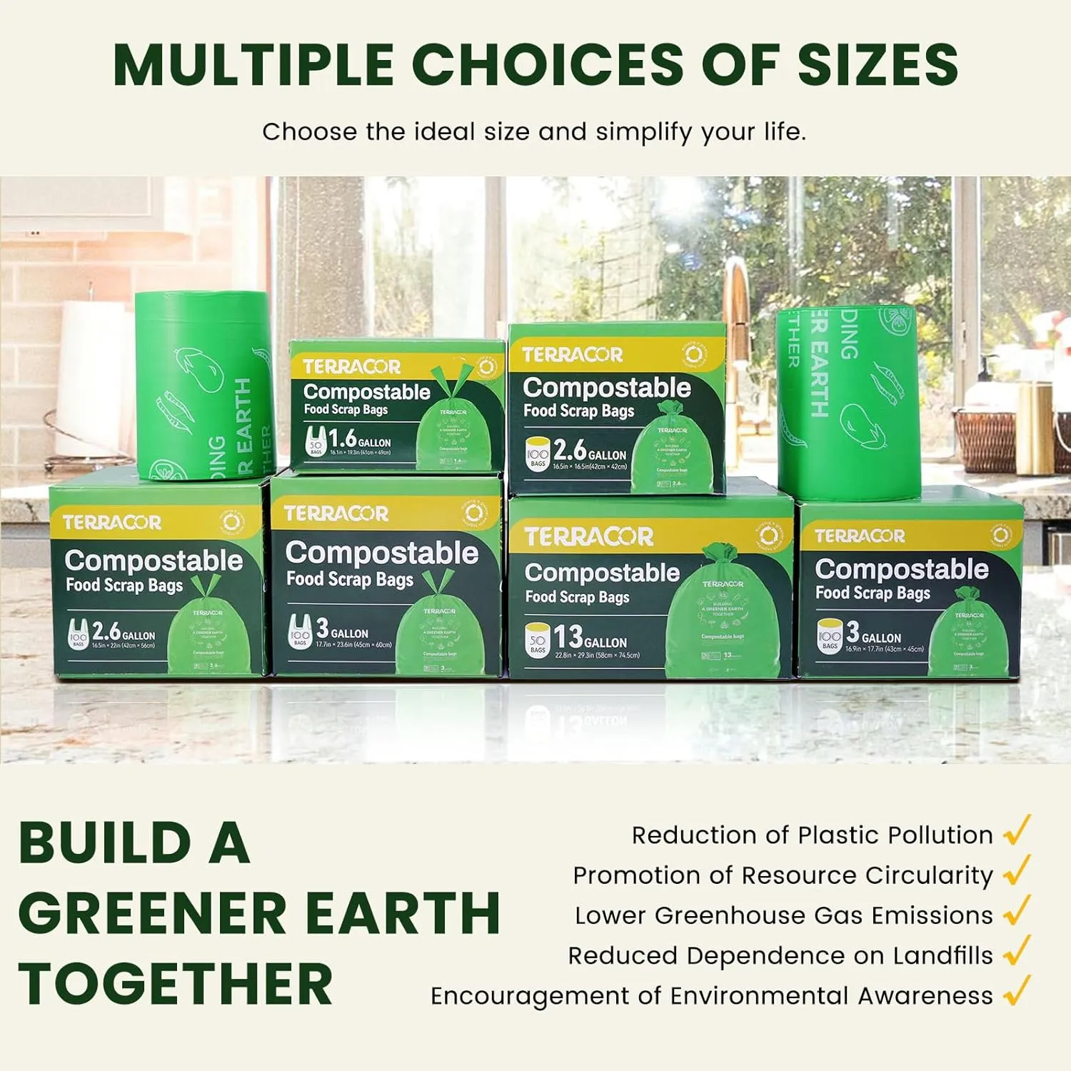 Compost Bags, Handle Tie Food Scrap Bags 3 Gallon,100 Count,Certified by BPI and ASTM D6400, Kitchen Compost Bin Compatible
