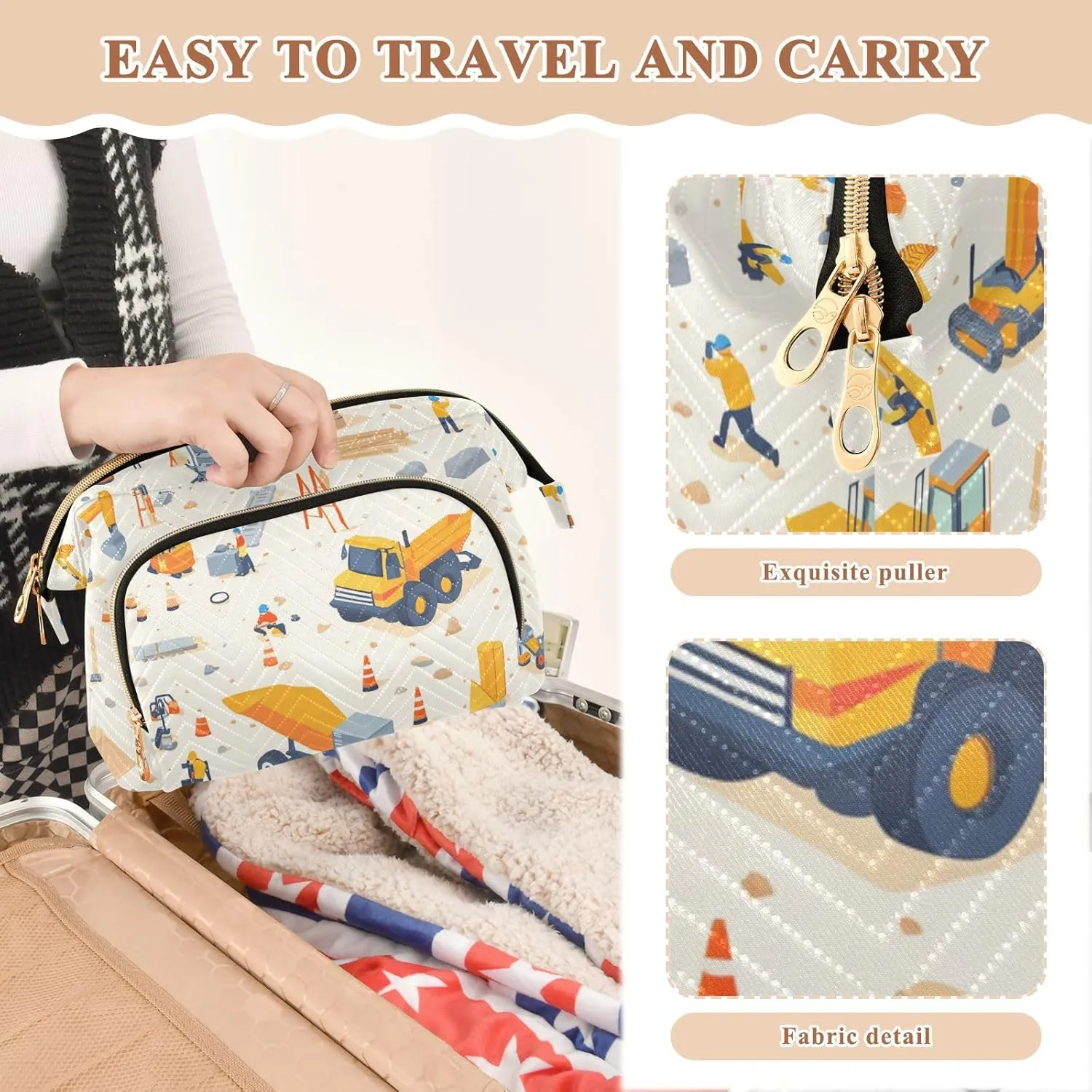Construction Scene Loader Beige Travel Bag Waterproof Make Up Bags For Women Women's Coin Purse Wallet for Travel Accessories