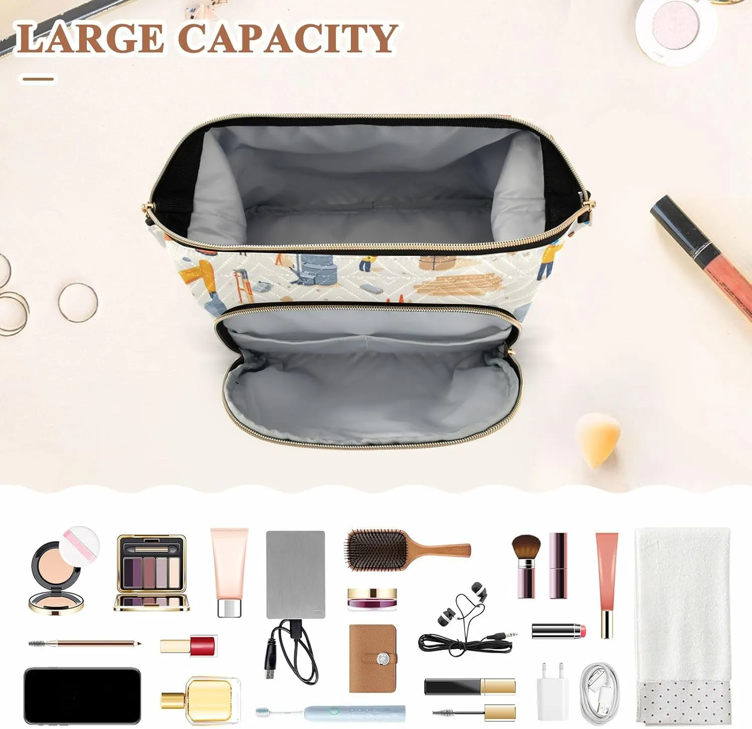 Construction Scene Loader Beige Travel Bag Waterproof Make Up Bags For Women Women's Coin Purse Wallet for Travel Accessories