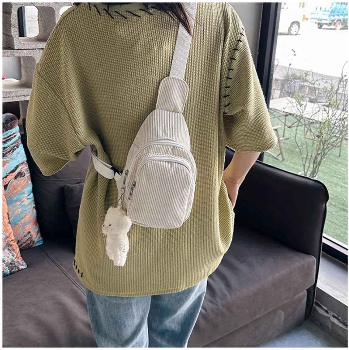 Corduroy Fanny Packs for Women Men, Fashionable Waist Bags Waterproof Small Crossbody Belt Bag Bum Bag with Adjustable Strap For Outdoor (White)