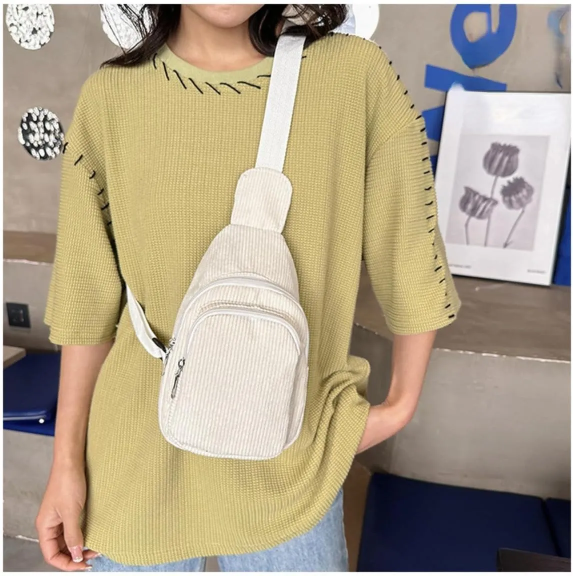 Corduroy Fanny Packs for Women Men, Fashionable Waist Bags Waterproof Small Crossbody Belt Bag Bum Bag with Adjustable Strap For Outdoor (White)