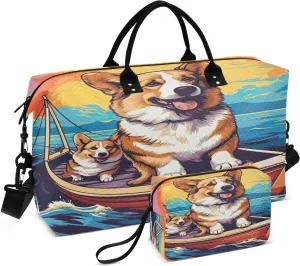 Corgi Dogs Cute Happy Sports Gym Bag for Women Men Travel Duffel Bag Weekend Overnight Carry on Bag with Toiletry Bag Training Handbag for Plane Hospital Swimming Yoga Workout