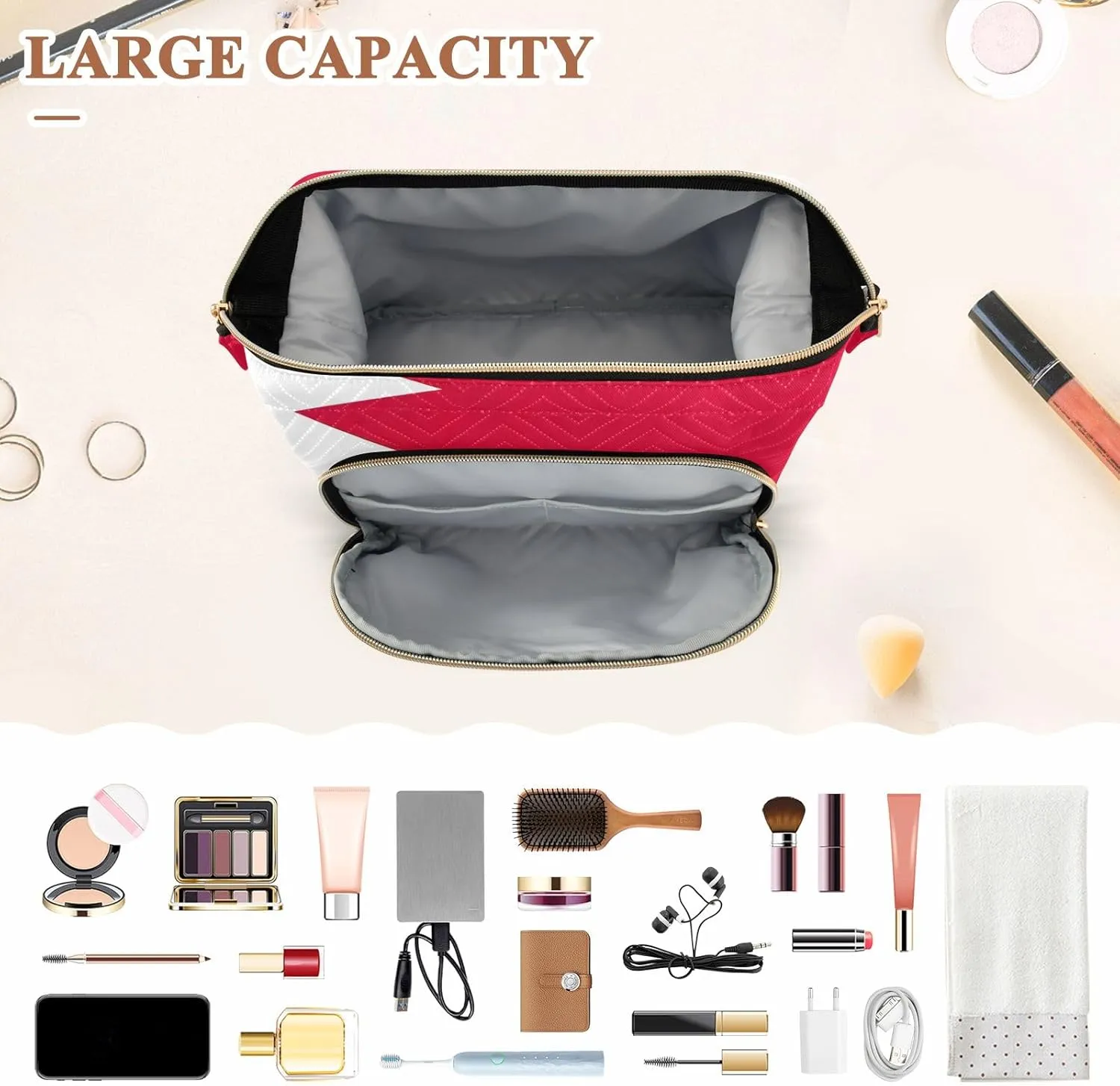 Cosmetic Bag Bahrain Flag Wide-open Cosmetic Travel Bags Roomy Cosmetic Bag for Women and Girls