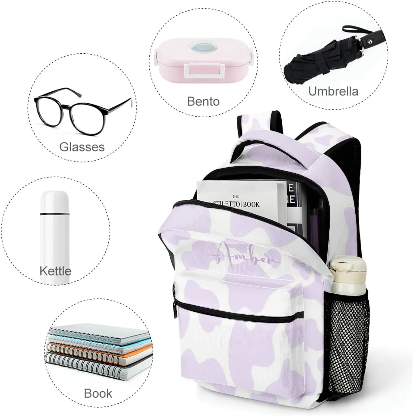 Cow Pattern Purple Backpack Personalized Name Waterproof Travel Bags for Men Women