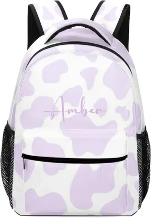Cow Pattern Purple Backpack Personalized Name Waterproof Travel Bags for Men Women
