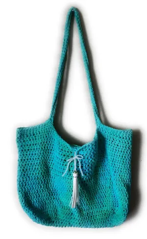 Crochet Beach Tote Bag with Tassel, Turquoise & Green Tie Dye, Large Shoulder Straps (Made in USA)