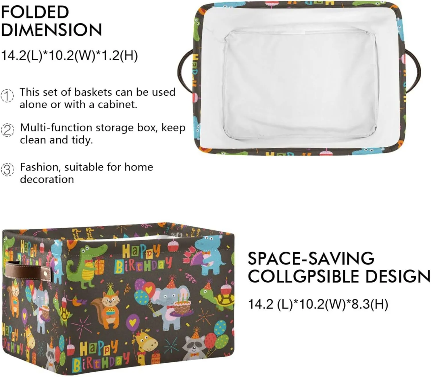 Crocodile Elephant Hipp Raccoon Fox Birthday Storage Basket Fabric Kitchen Baskets Storage Bins Boxes Foldable Organizer Bags for Baby Cloth Toys Closet Playroom Laundry Baskets 2PCS