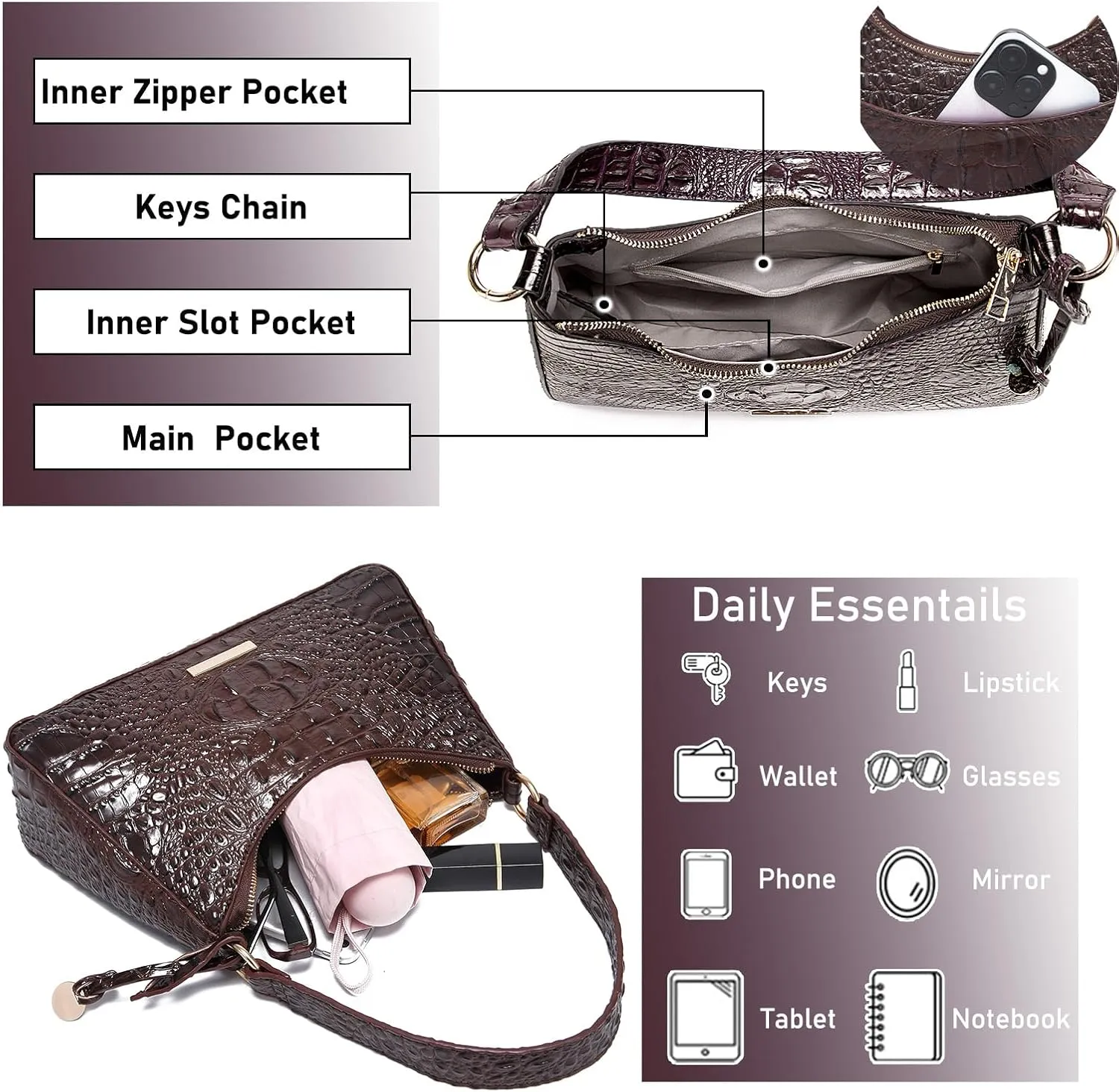 crocodile-embossed Hobo Purse for Women Large Shoulder Purses and Handbags Tote Bags