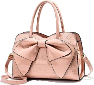 Crocodile Embossed Tote Bag, Bow Design Top Handle, Zipper Closure, Evening Party Crossbody Purse