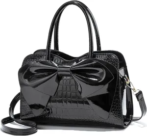 Crocodile Embossed Tote Bag, Bow Design Top Handle, Zipper Closure, Evening Party Crossbody Purse