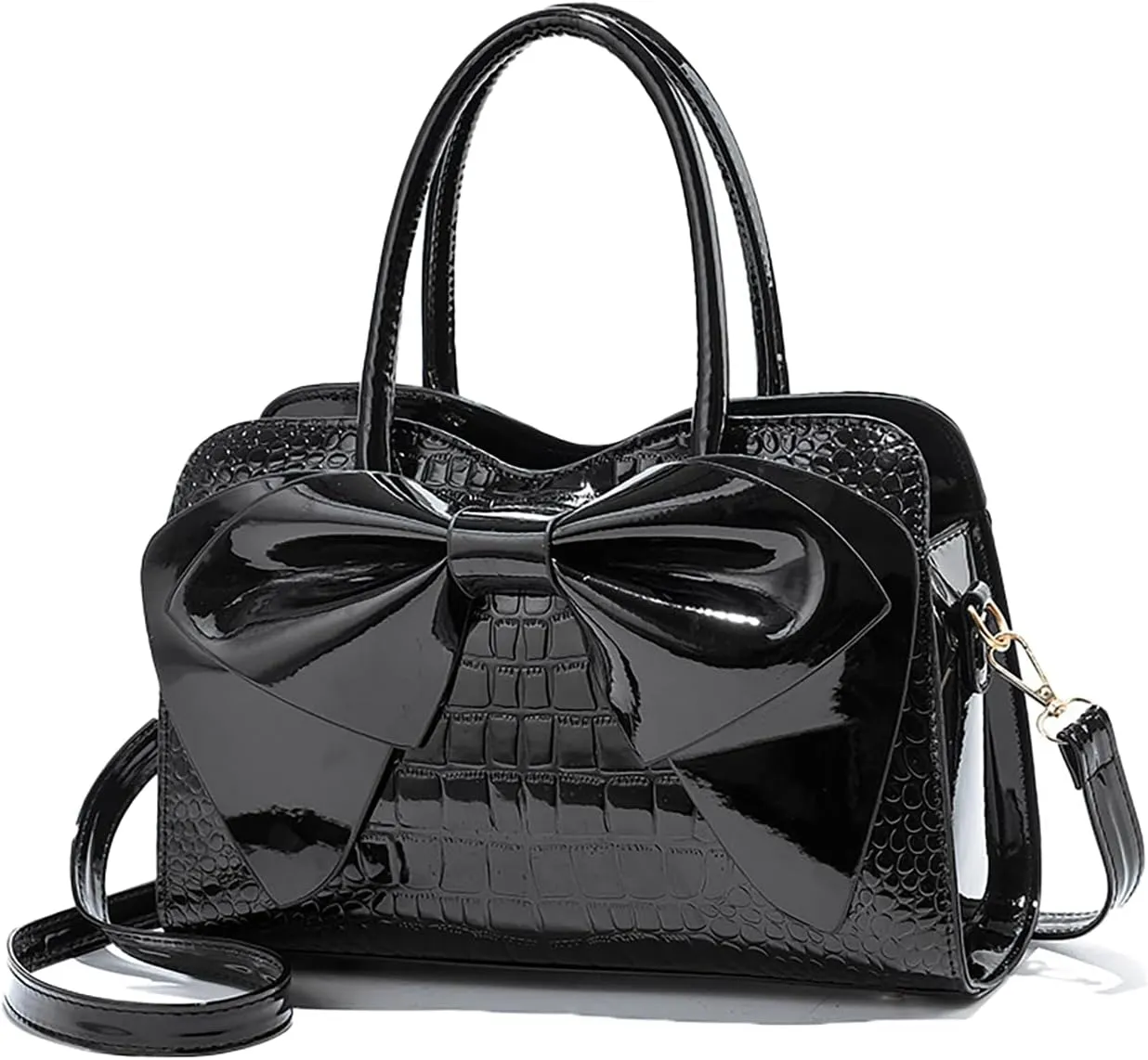 Crocodile Embossed Tote Bag, Bow Design Top Handle, Zipper Closure, Evening Party Crossbody Purse