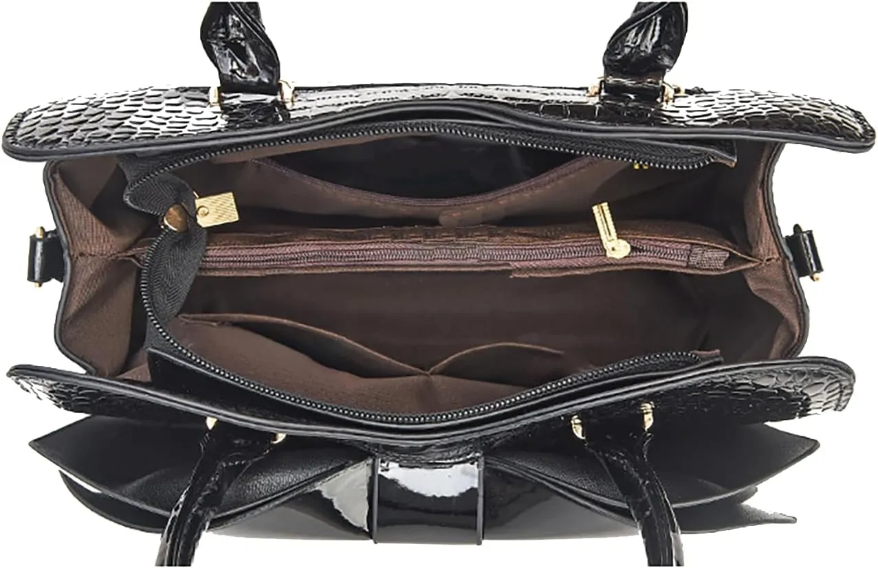 Crocodile Embossed Tote Bag, Bow Design Top Handle, Zipper Closure, Evening Party Crossbody Purse