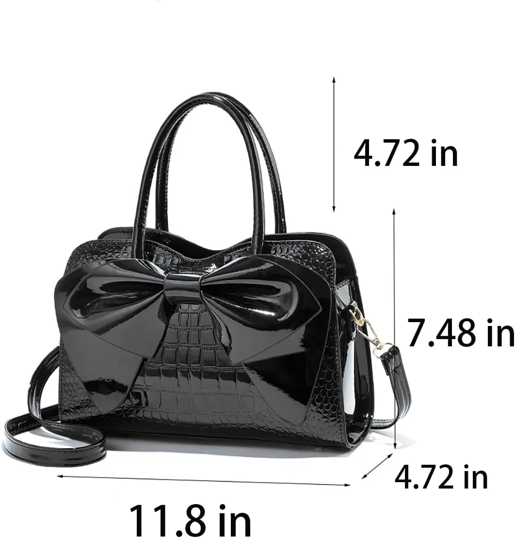 Crocodile Embossed Tote Bag, Bow Design Top Handle, Zipper Closure, Evening Party Crossbody Purse