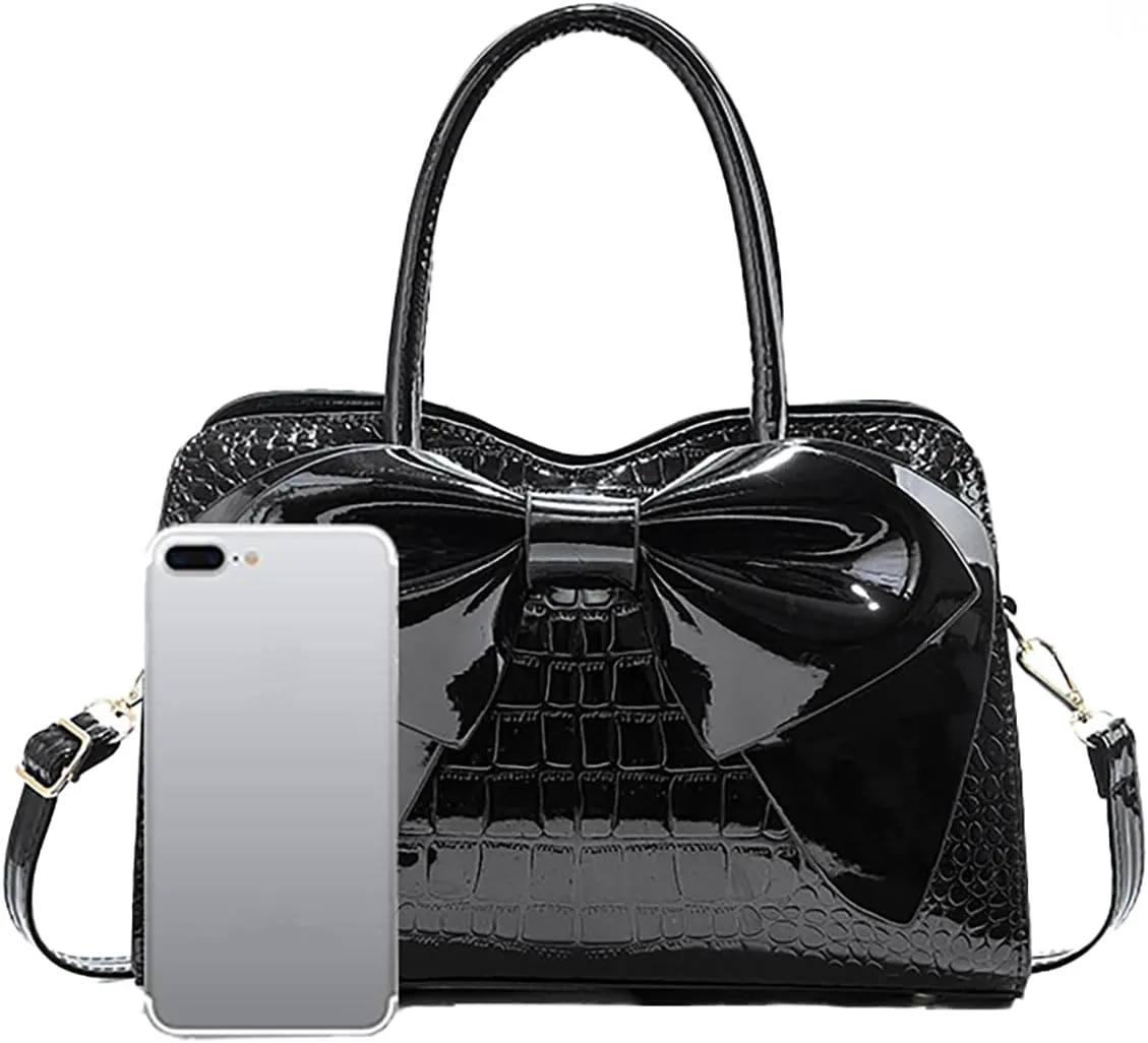 Crocodile Embossed Tote Bag, Bow Design Top Handle, Zipper Closure, Evening Party Crossbody Purse