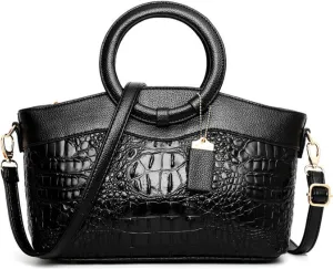 Crocodile Pattern Handbag for Women Leather Ring Top Handle Satchel Style Shoulder Bag Fashion Purse Embossed Tote