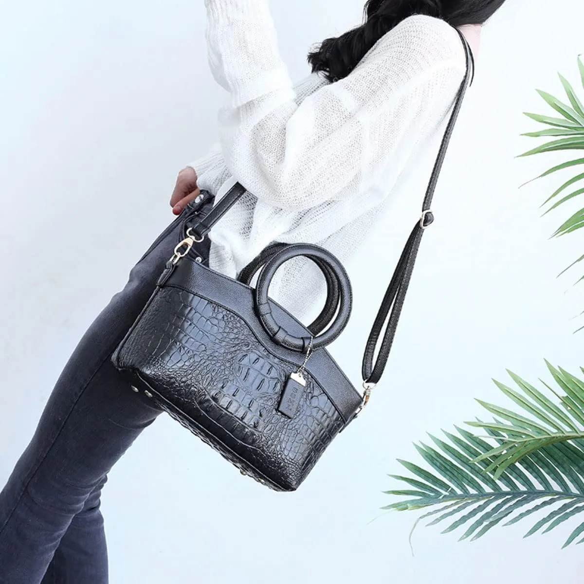 Crocodile Pattern Handbag for Women Leather Ring Top Handle Satchel Style Shoulder Bag Fashion Purse Embossed Tote