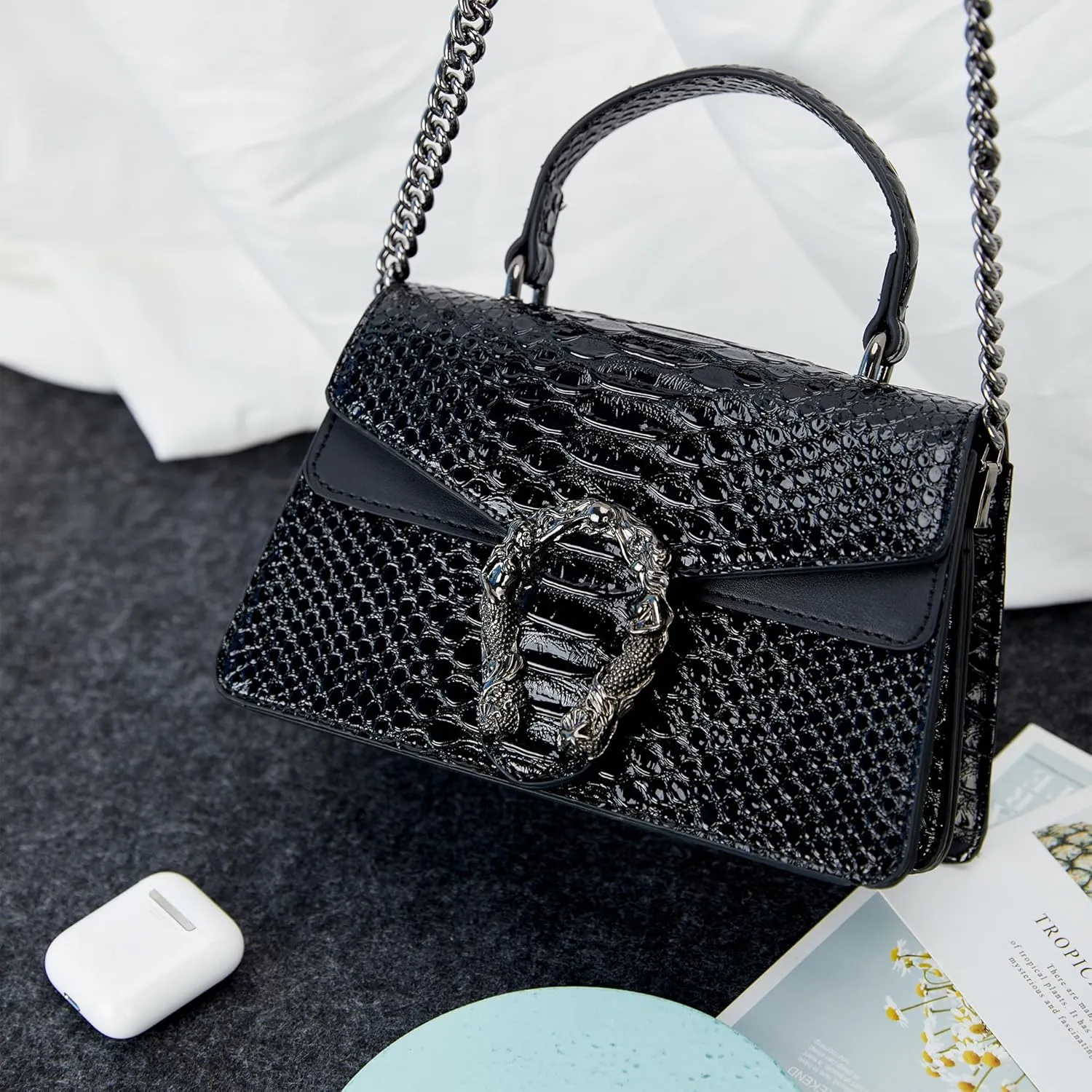 Crossbody Chain Purses for Women - Crocodile Snake Pattern Leather Shoulder Handbags Evening Clutch Satchel Bags