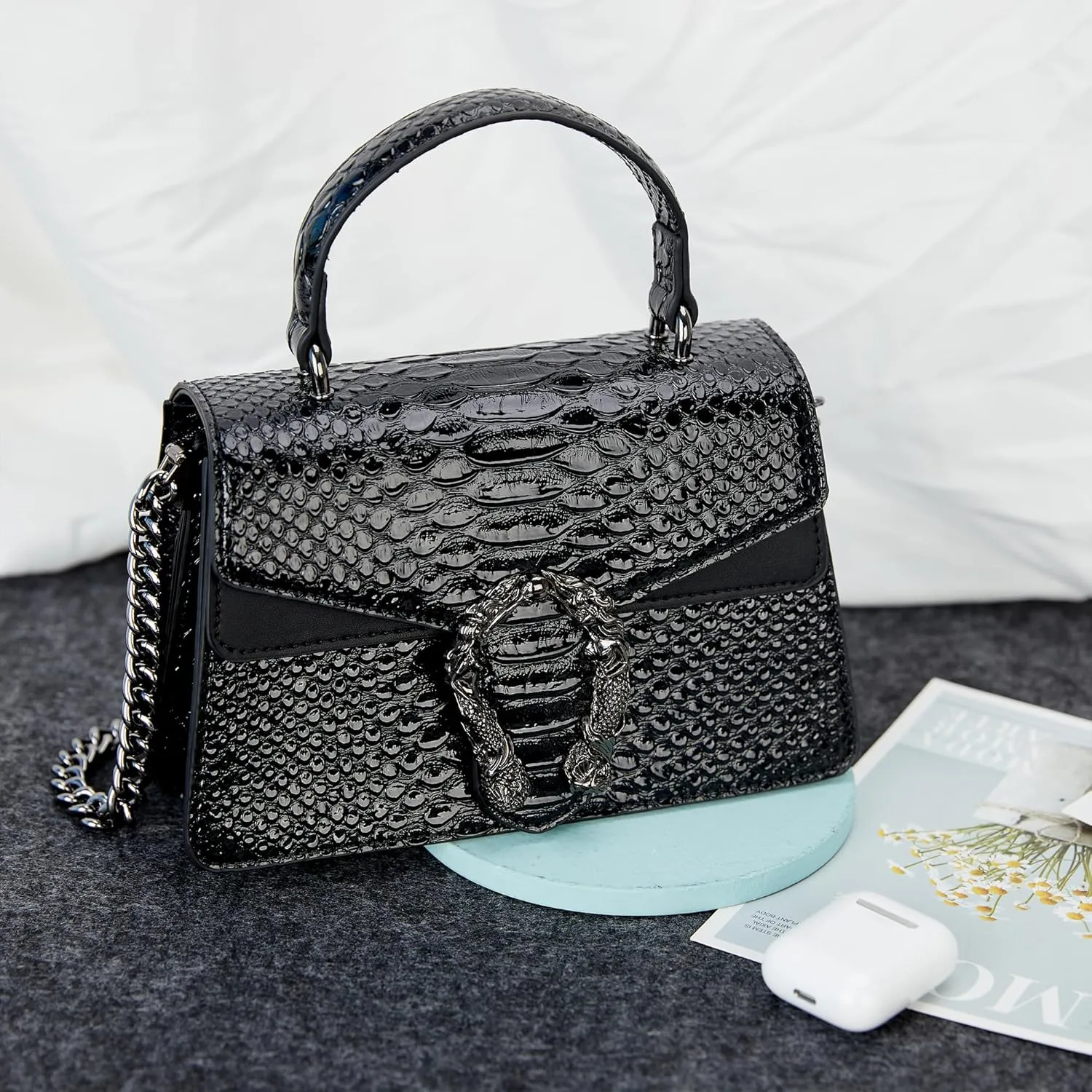 Crossbody Chain Purses for Women - Crocodile Snake Pattern Leather Shoulder Handbags Evening Clutch Satchel Bags