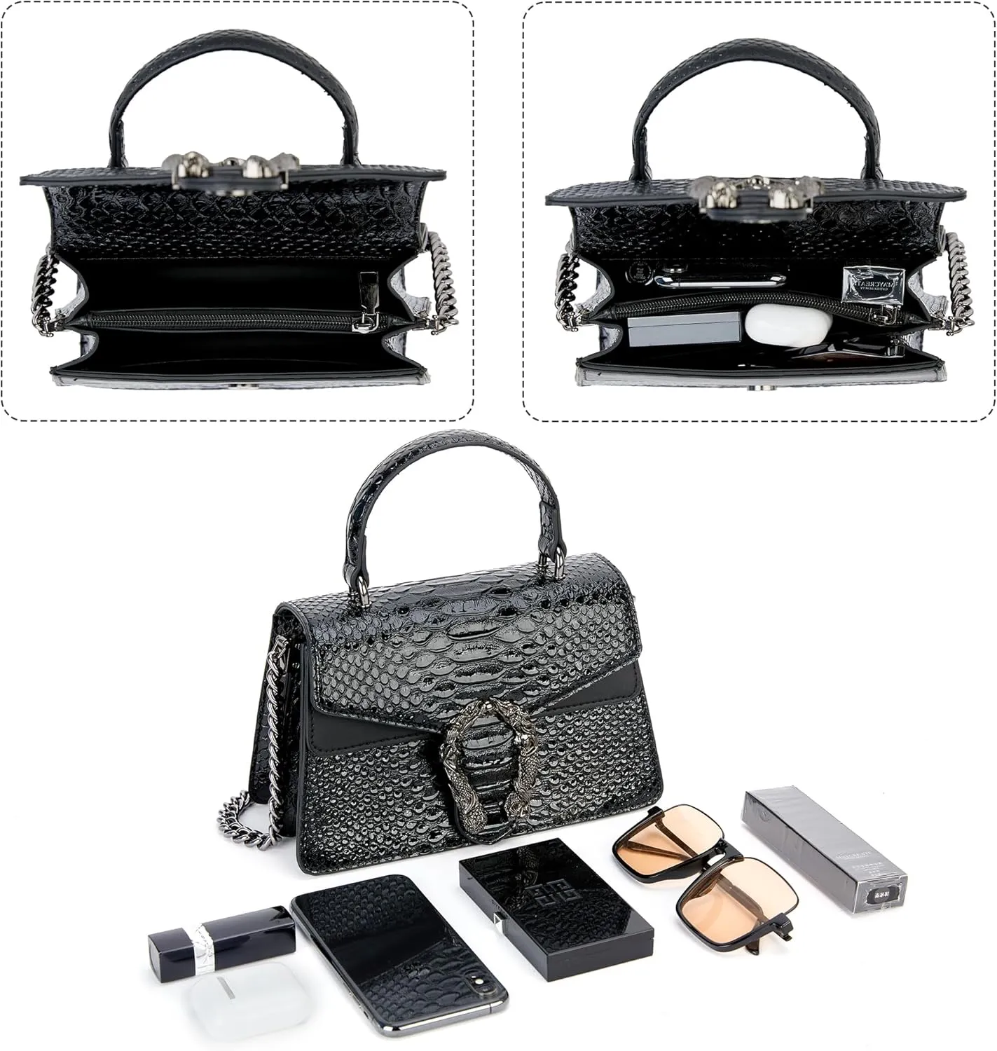 Crossbody Chain Purses for Women - Crocodile Snake Pattern Leather Shoulder Handbags Evening Clutch Satchel Bags