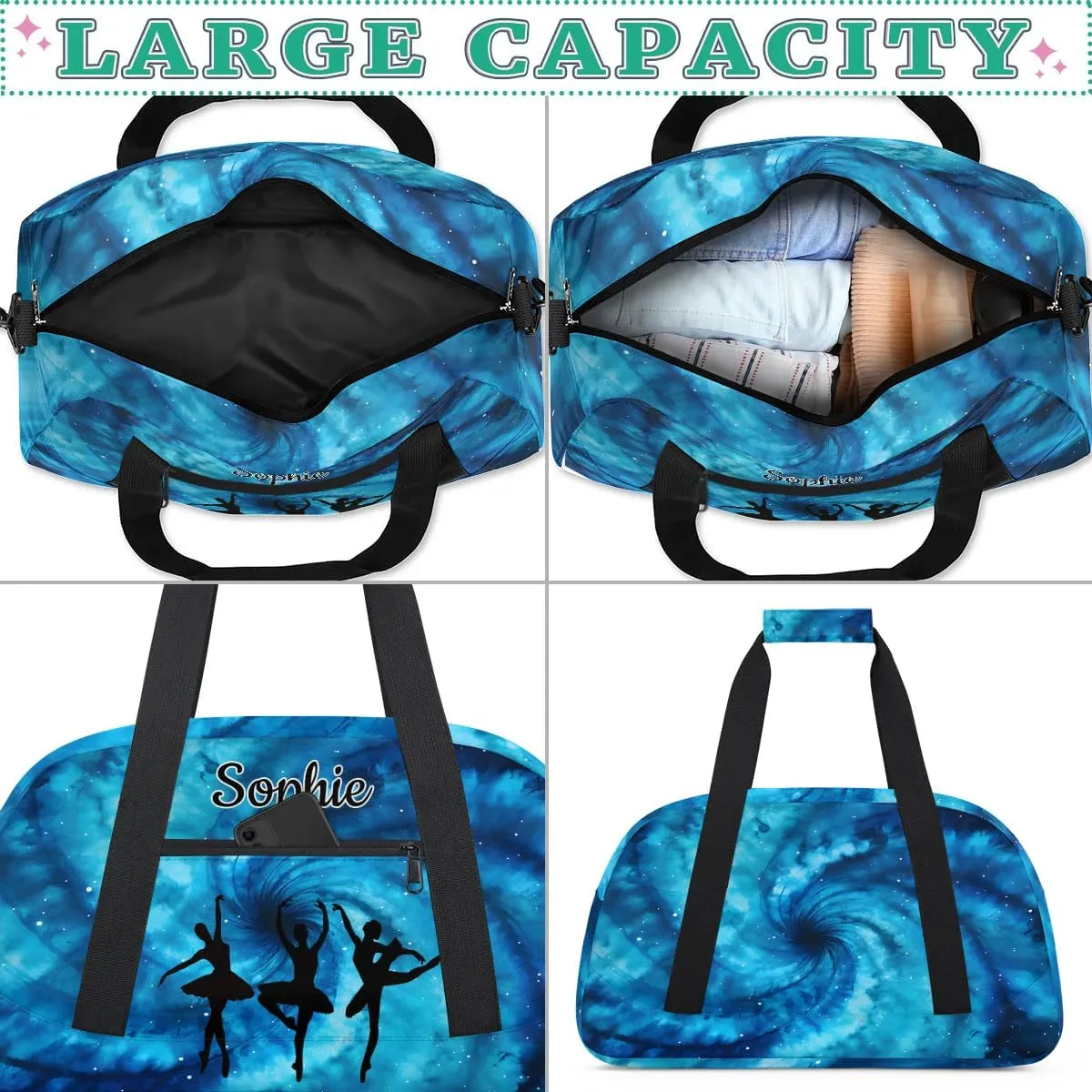 Custom Dance Gym Bags Ballet Personalized Name Sport Overnight Duffel Bags for Girls Weekender Travel Bag Carry On Training Bag, Art Tie Dye