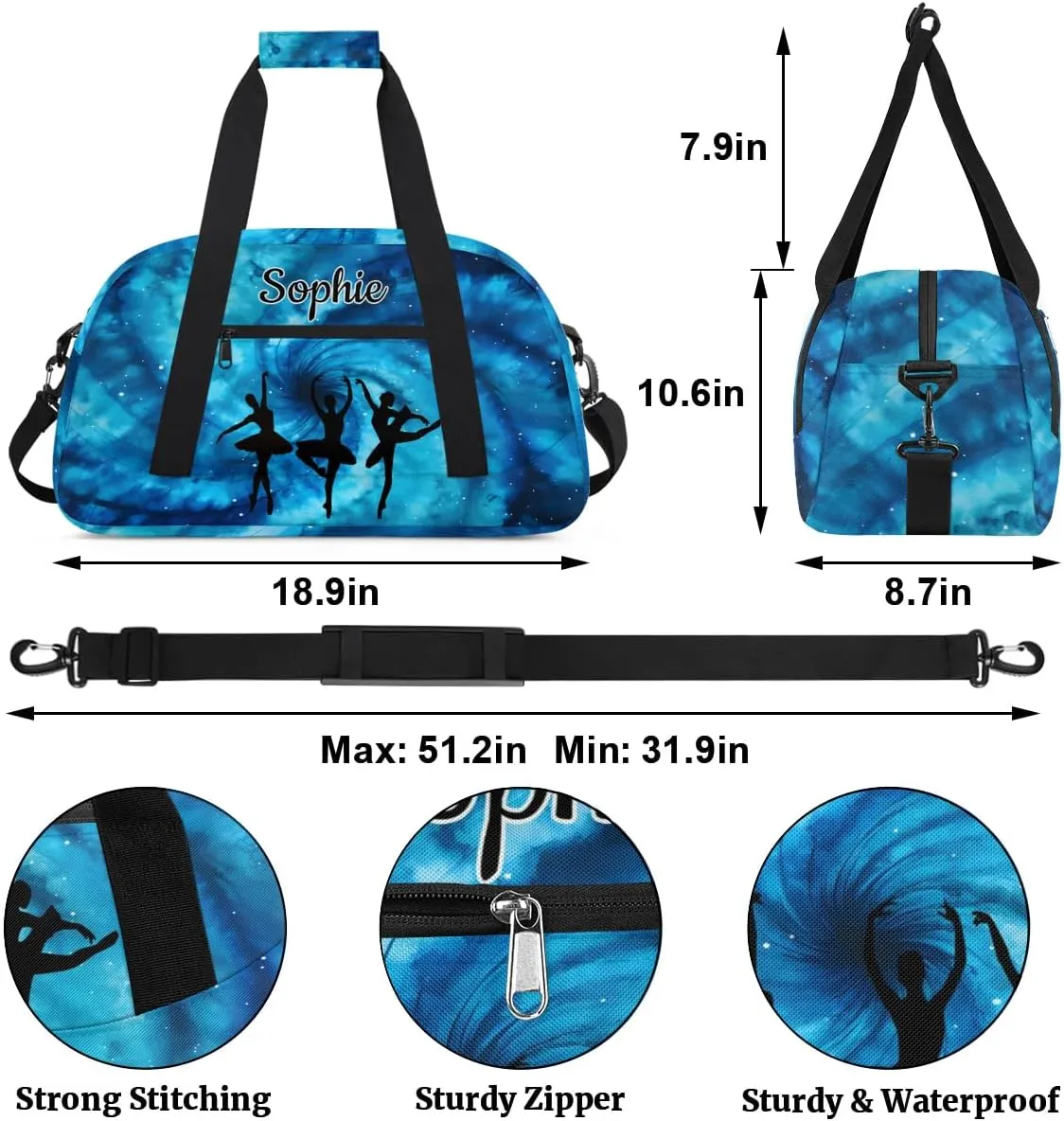 Custom Dance Gym Bags Ballet Personalized Name Sport Overnight Duffel Bags for Girls Weekender Travel Bag Carry On Training Bag, Art Tie Dye