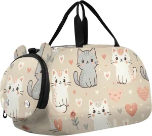 Cute Cats Hearts Duffle Bag for Girl, Sports Duffle Gym Bags with Shoe Compartment, Personalized Overnight Bag Travel Weekender for Kids