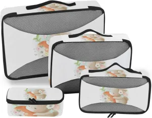 Cute Elegant Easter Bunny Rabbit Holding a Big Carrot with Flowers 4 PCs Set Packing Bags, Luggage Organizer Bag, Portable Cube Toiletry bag, Durable Travel Cosmetic Storage Bag for Men Women