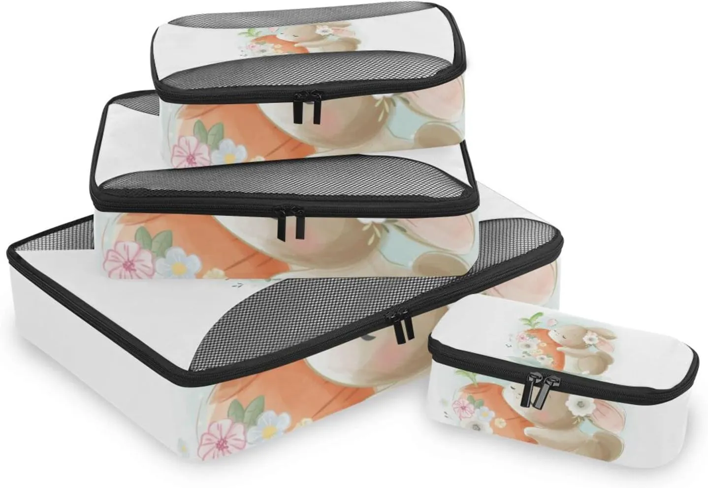 Cute Elegant Easter Bunny Rabbit Holding a Big Carrot with Flowers 4 PCs Set Packing Bags, Luggage Organizer Bag, Portable Cube Toiletry bag, Durable Travel Cosmetic Storage Bag for Men Women