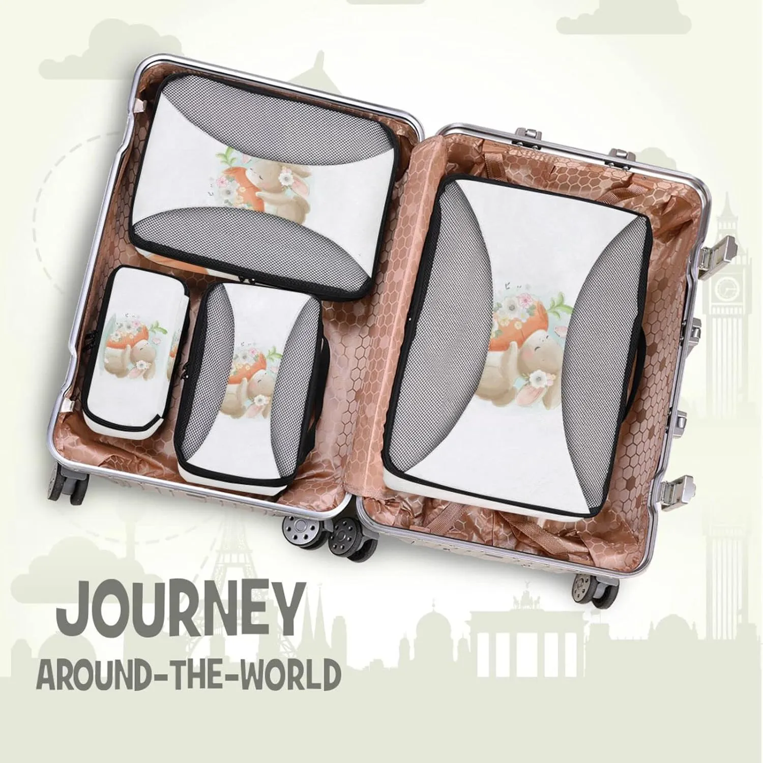 Cute Elegant Easter Bunny Rabbit Holding a Big Carrot with Flowers 4 PCs Set Packing Bags, Luggage Organizer Bag, Portable Cube Toiletry bag, Durable Travel Cosmetic Storage Bag for Men Women