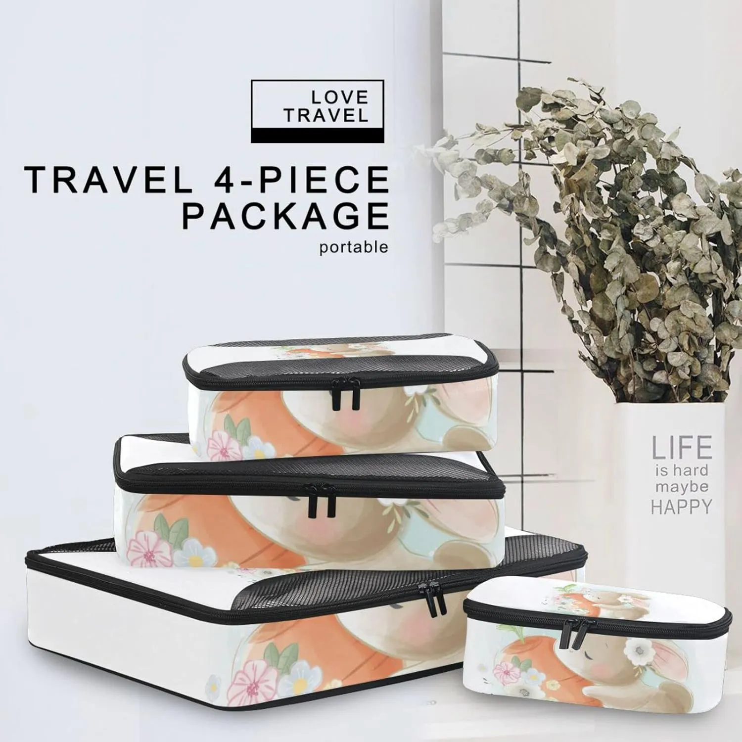 Cute Elegant Easter Bunny Rabbit Holding a Big Carrot with Flowers 4 PCs Set Packing Bags, Luggage Organizer Bag, Portable Cube Toiletry bag, Durable Travel Cosmetic Storage Bag for Men Women