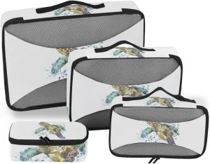 Cute Sea Turtle Watercolor Marine Animal on White 4 PCs Set Packing Bags, Luggage Organizer Bag, Portable Cube Toiletry bag, Durable Travel Cosmetic Storage Bag for Men Women